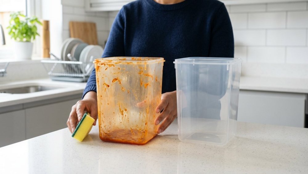 A photorealistic image of two clear plastic food containers on a modern kitchen counter. One is deeply stained with vibrant, greasy orange tomato sauce, while the other is sparkling clean. A pair of hands holds the stained container and a cleaning sponge, capturing a common domestic cleaning challenge.