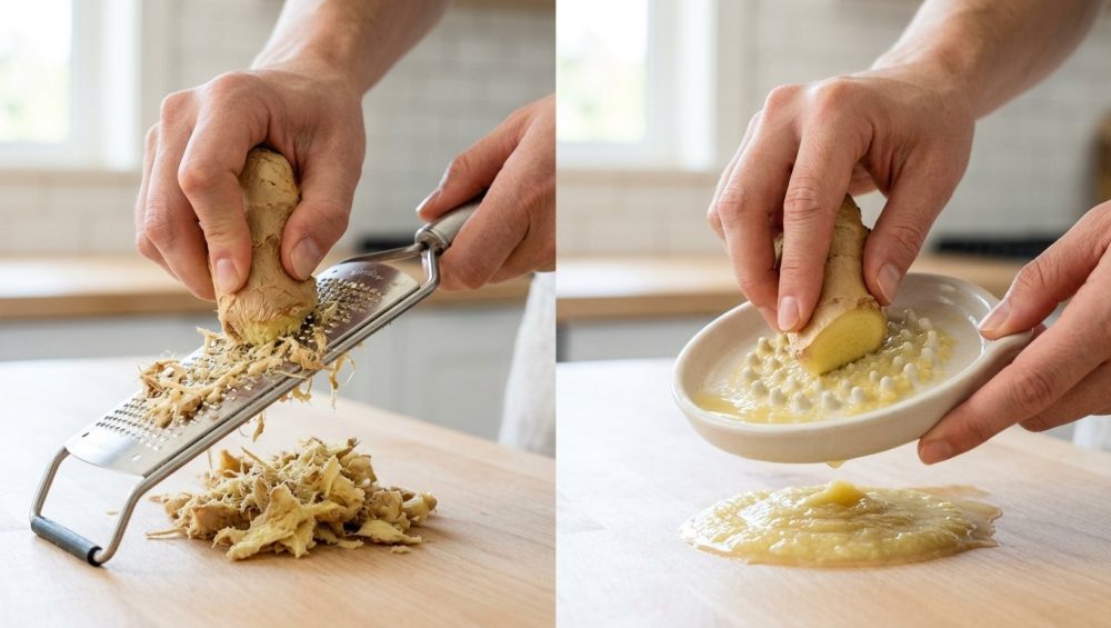 A photorealistic side-by-side comparison shows two ginger grating techniques in a bright, modern kitchen. On the left, a person's hands tensely push a large ginger root against a stainless steel microplane, which is clogged with stringy, fibrous pulp, creating a messy pile of dry fibers below. On the right, the same relaxed hands effortlessly glide ginger across a clean, round, off-white Japanese ceramic grater, yielding a smooth, creamy, and visibly juicy puree pooling beneath. The image highlights the stark contrast between the inefficient, frustrating microplane and the efficient, satisfying ceramic grater.