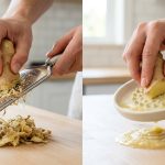 A photorealistic side-by-side comparison shows two ginger grating techniques in a bright, modern kitchen. On the left, a person's hands tensely push a large ginger root against a stainless steel microplane, which is clogged with stringy, fibrous pulp, creating a messy pile of dry fibers below. On the right, the same relaxed hands effortlessly glide ginger across a clean, round, off-white Japanese ceramic grater, yielding a smooth, creamy, and visibly juicy puree pooling beneath. The image highlights the stark contrast between the inefficient, frustrating microplane and the efficient, satisfying ceramic grater.