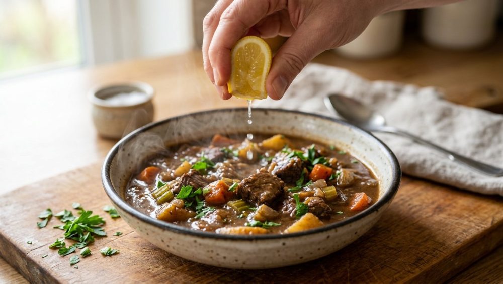 A high-resolution, photorealistic close-up of a steaming bowl of rustic beef stew, featuring visible chunks of meat and vegetables in a thick, glossy broth. A natural-looking hand gently squeezes a vibrant yellow lemon wedge, with visible droplets falling onto the stew's surface. Fresh green parsley garnishes the rim. The bowl rests on a warm wooden surface, with a softly blurred rustic kitchen background hinting at a salt shaker. The scene is bright and inviting, lit by soft natural light.