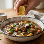 A high-resolution, photorealistic close-up of a steaming bowl of rustic beef stew, featuring visible chunks of meat and vegetables in a thick, glossy broth. A natural-looking hand gently squeezes a vibrant yellow lemon wedge, with visible droplets falling onto the stew's surface. Fresh green parsley garnishes the rim. The bowl rests on a warm wooden surface, with a softly blurred rustic kitchen background hinting at a salt shaker. The scene is bright and inviting, lit by soft natural light.
