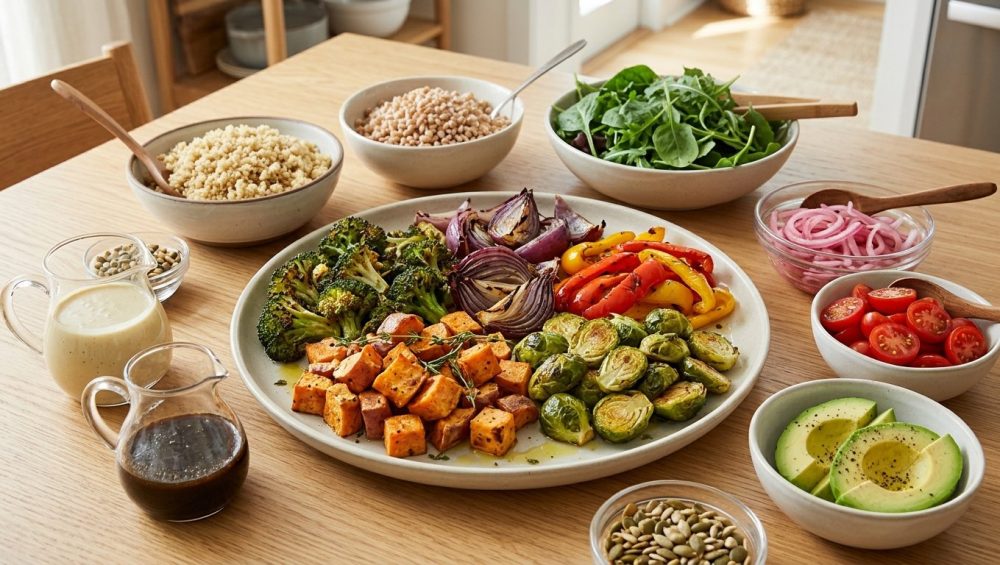 A brightly lit, photorealistic home-style grain bowl station. At its center, a large platter overflows with perfectly caramelized and golden-brown roasted vegetables, including broccoli, sweet potatoes, and Brussels sprouts. Surrounding it are small bowls of fresh quinoa, farro, mixed greens, avocado, cherry tomatoes, pickled red onions, and toasted seeds, alongside pitchers of dressing. The setup looks abundant, healthy, and inviting.