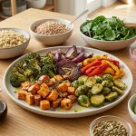 A brightly lit, photorealistic home-style grain bowl station. At its center, a large platter overflows with perfectly caramelized and golden-brown roasted vegetables, including broccoli, sweet potatoes, and Brussels sprouts. Surrounding it are small bowls of fresh quinoa, farro, mixed greens, avocado, cherry tomatoes, pickled red onions, and toasted seeds, alongside pitchers of dressing. The setup looks abundant, healthy, and inviting.