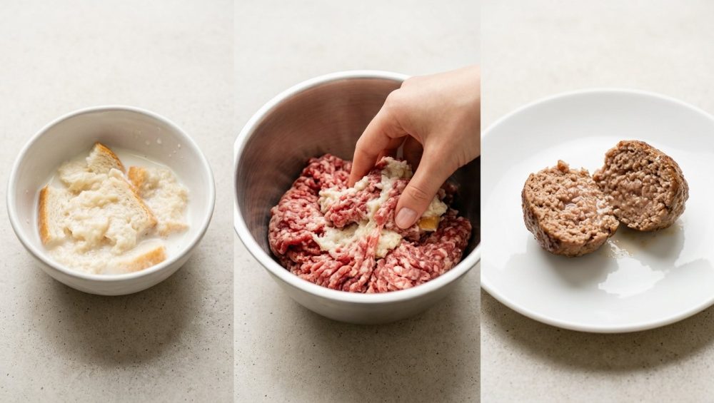 A hyper-photorealistic flat lay on a pristine, light kitchen counter, demonstrating the panade technique. On the left, a white bowl holds torn white bread, visibly saturated and mushy from milk. In the center, a human hand gently mixes the wet bread mixture into vibrant raw ground beef and pork in a larger bowl. On the right, a perfectly cooked meatball, cut open, reveals a moist, finely textured interior with glistening juices. The scene is bathed in bright, soft natural light, highlighting the clean, minimalist presentation.