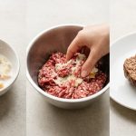A hyper-photorealistic flat lay on a pristine, light kitchen counter, demonstrating the panade technique. On the left, a white bowl holds torn white bread, visibly saturated and mushy from milk. In the center, a human hand gently mixes the wet bread mixture into vibrant raw ground beef and pork in a larger bowl. On the right, a perfectly cooked meatball, cut open, reveals a moist, finely textured interior with glistening juices. The scene is bathed in bright, soft natural light, highlighting the clean, minimalist presentation.