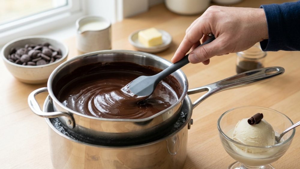 A photorealistic macro shot shows rich, dark hot fudge, glistening and perfectly smooth, being expertly stirred with a silicone spatula in a stainless steel double boiler. In the foreground, a blurred scoop of vanilla ice cream awaits. Behind, out-of-focus ingredients like chocolate callets, cream, and butter are visible, all bathed in soft, warm natural light.