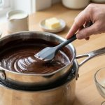 A photorealistic macro shot shows rich, dark hot fudge, glistening and perfectly smooth, being expertly stirred with a silicone spatula in a stainless steel double boiler. In the foreground, a blurred scoop of vanilla ice cream awaits. Behind, out-of-focus ingredients like chocolate callets, cream, and butter are visible, all bathed in soft, warm natural light.