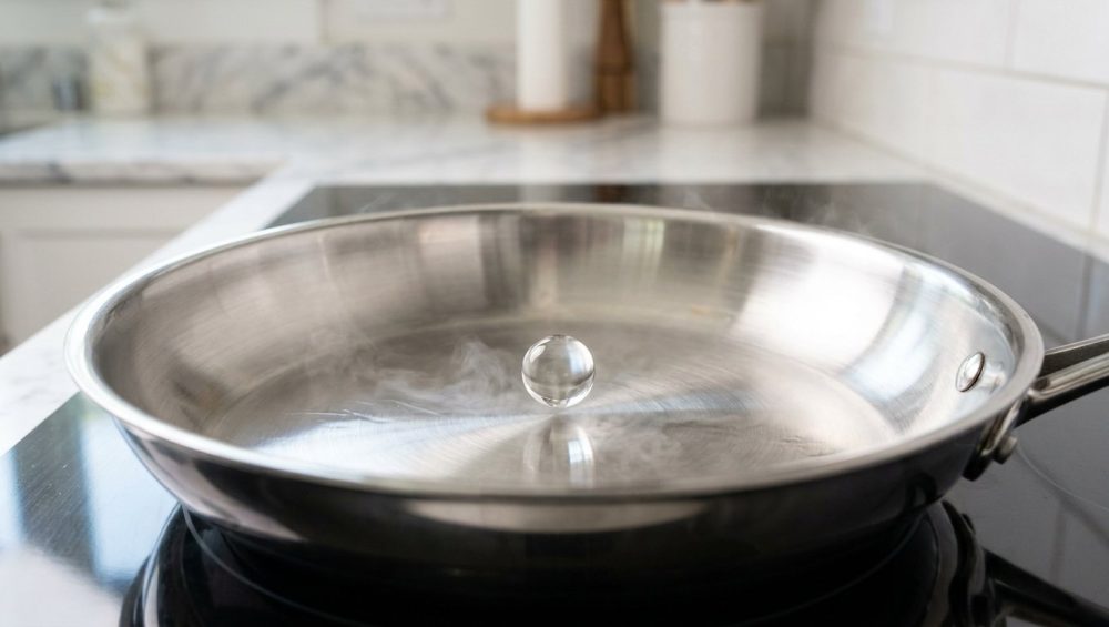 A photorealistic image of a gleaming stainless steel frying pan demonstrating non-stick cooking, either with a dancing water droplet or a perfectly sliding fried egg.