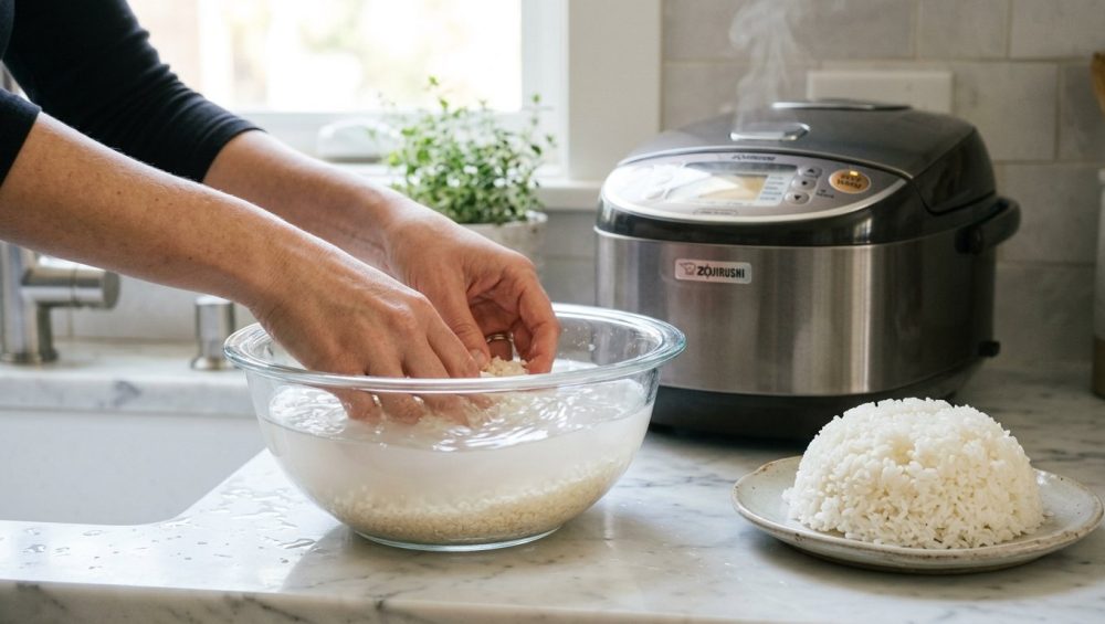 A photorealistic image showing hands rinsing uncooked rice in a glass bowl, revealing milky starch. Nearby, a mound of fluffy, separated cooked rice and a modern pot in a bright kitchen demonstrate perfect rice preparation.