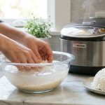 A photorealistic image showing hands rinsing uncooked rice in a glass bowl, revealing milky starch. Nearby, a mound of fluffy, separated cooked rice and a modern pot in a bright kitchen demonstrate perfect rice preparation.