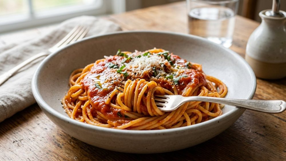 A close-up, photorealistic image of a perfectly prepared bowl of pasta in a simple ceramic bowl. A fork gently twirls a portion, showcasing the rich, creamy sauce flawlessly coating every al dente noodle, garnished with grated cheese and fresh herbs.