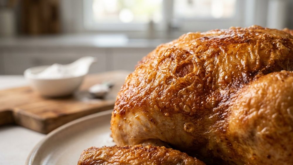 A high-resolution, razor-sharp close-up of intensely golden-brown, deeply textured oven-roasted chicken skin, appearing utterly crispy with a slight sheen. A small, blurred bowl of white powder in the background subtly hints at a cooking technique in a bright kitchen setting.
