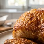 A high-resolution, razor-sharp close-up of intensely golden-brown, deeply textured oven-roasted chicken skin, appearing utterly crispy with a slight sheen. A small, blurred bowl of white powder in the background subtly hints at a cooking technique in a bright kitchen setting.