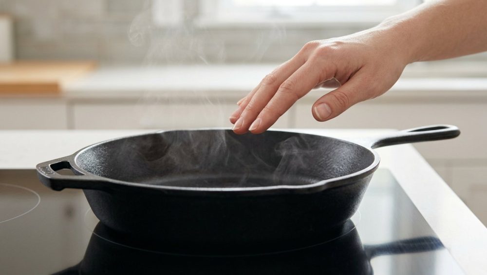 A close-up, photorealistic image of a perfectly seasoned, deep black cast iron skillet with a satiny sheen, resting on a modern induction stovetop. Delicate wisps of steam rise from its surface as a human hand gently hovers above, checking for warmth or dryness in a pristine, minimalist kitchen.
