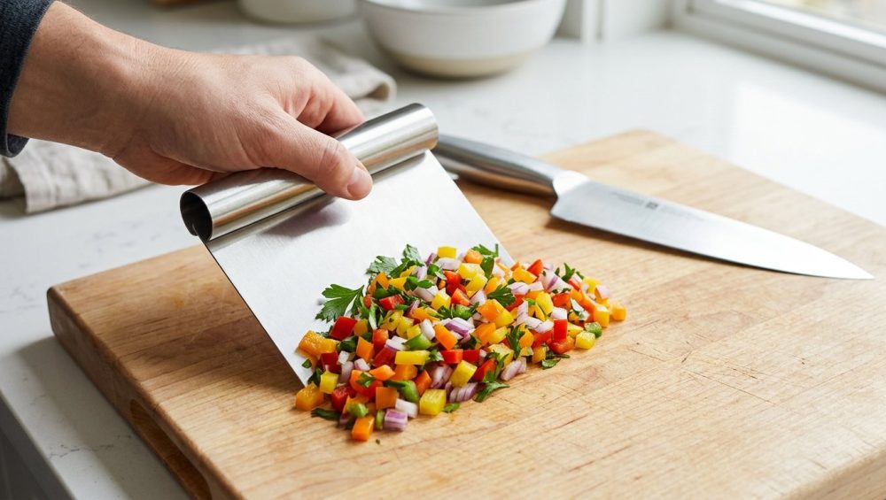 A human hand expertly scoops a vibrant mound of finely chopped vegetables from a clean wooden cutting board using a modern stainless steel bench scraper. A gleaming chef's knife rests in the soft-focus background, conveying kitchen efficiency and cleanliness.