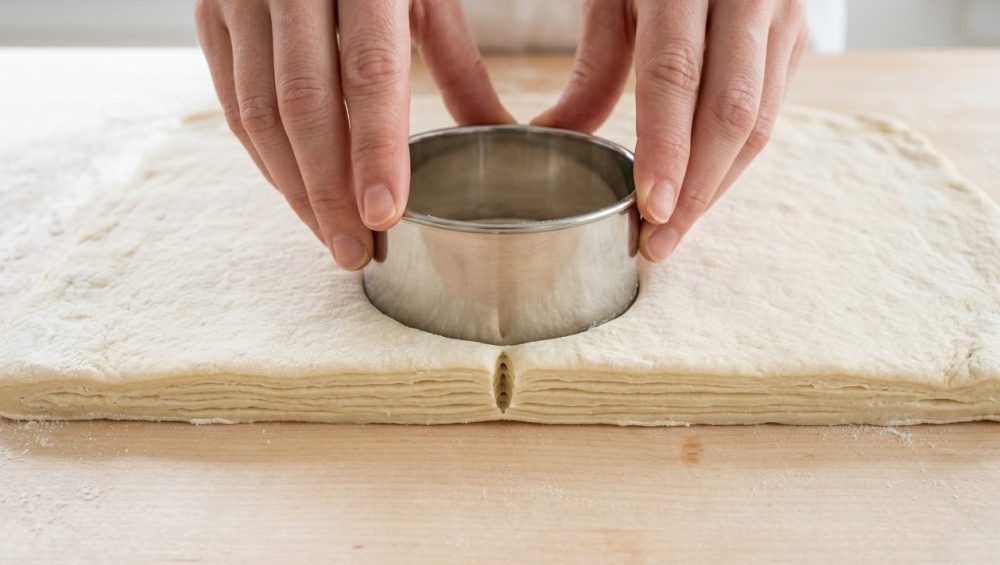 Photorealistic close-up of hands precisely pressing a biscuit cutter into raw, laminated dough, revealing distinct layers and a clean, unsealed vertical cut.