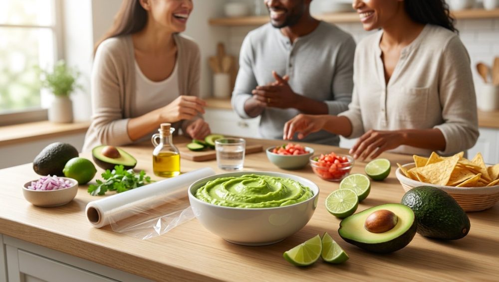 A vibrant, perfectly green bowl of guacamole sits on a clean, light wooden table, surrounded by fresh avocados, lime wedges, small bowls of chopped onion, cilantro, diced tomatoes, and a basket of tortilla chips. Subtle cues like a roll of plastic wrap and an olive oil bottle suggest preservation. In the soft-focus background, smiling adults joyfully interact. The clean, photorealistic scene is bathed in warm natural light, conveying a fresh, inviting social gathering.