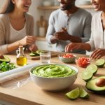 A vibrant, perfectly green bowl of guacamole sits on a clean, light wooden table, surrounded by fresh avocados, lime wedges, small bowls of chopped onion, cilantro, diced tomatoes, and a basket of tortilla chips. Subtle cues like a roll of plastic wrap and an olive oil bottle suggest preservation. In the soft-focus background, smiling adults joyfully interact. The clean, photorealistic scene is bathed in warm natural light, conveying a fresh, inviting social gathering.
