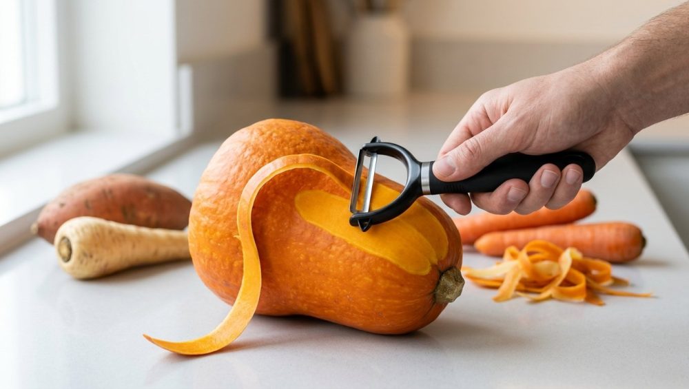 A close-up shows a hand effortlessly peeling a butternut squash with a sleek, gleaming carbon steel Y-peeler on a sunlit kitchen counter. A long, thin strip of peel curls away, revealing bright orange flesh, with other root vegetables softly blurred in the background.