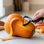 A close-up shows a hand effortlessly peeling a butternut squash with a sleek, gleaming carbon steel Y-peeler on a sunlit kitchen counter. A long, thin strip of peel curls away, revealing bright orange flesh, with other root vegetables softly blurred in the background.