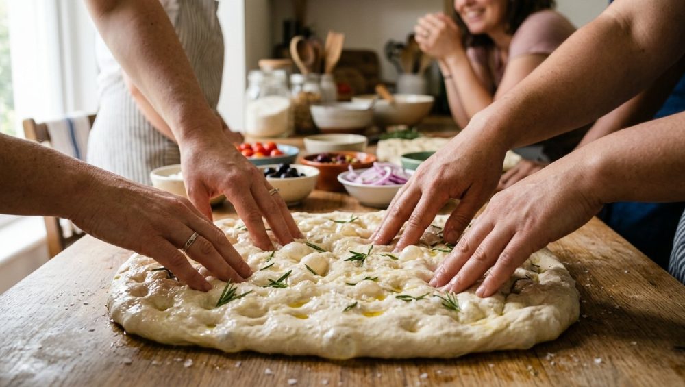 Close-up of diverse hands gently dimpling soft, pliable focaccia dough with deep indentations. Glistening olive oil, coarse sea salt, and fresh rosemary adorn the dough on a warm wooden counter bathed in soft natural light. In the softly blurred background, a cozy kitchen with focaccia toppings and hints of other people suggests communal baking.