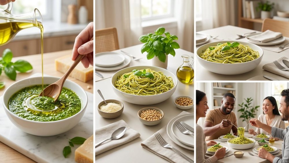 A photorealistic scene of fresh pesto pasta, from preparation to enjoyment. It shows a hand stirring golden olive oil into vibrant green pesto in a white bowl, followed by a beautifully arranged serving station with pesto spaghetti, grated Parmesan, toasted pine nuts, and fresh basil. Finally, happy friends or family gather around the table, enjoying the delicious, stress-free meal. The overall aesthetic is clean, bright, and inviting, with natural light.