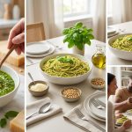 A photorealistic scene of fresh pesto pasta, from preparation to enjoyment. It shows a hand stirring golden olive oil into vibrant green pesto in a white bowl, followed by a beautifully arranged serving station with pesto spaghetti, grated Parmesan, toasted pine nuts, and fresh basil. Finally, happy friends or family gather around the table, enjoying the delicious, stress-free meal. The overall aesthetic is clean, bright, and inviting, with natural light.
