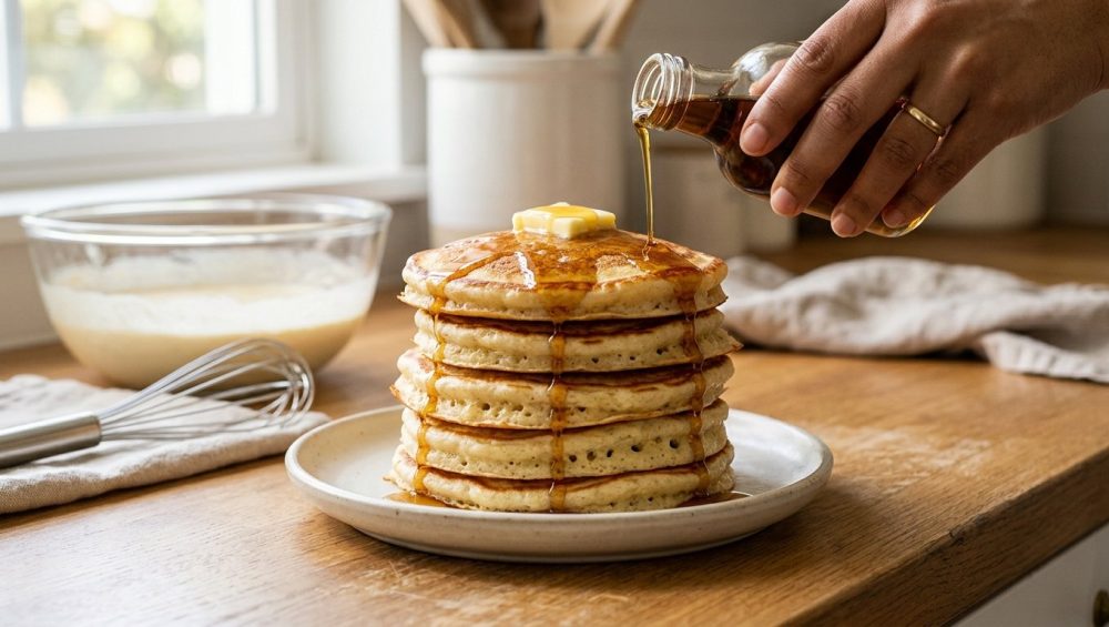 A photorealistic image of perfectly stacked, golden-brown pancakes, glistening with melting butter and rich maple syrup cascading down their fluffy, airy texture and crisp edges. A clean hand gently reaches into the warm, soft morning light, towards the pancakes. In the soft-focused background, a pristine kitchen counter holds a glass bowl of pancake batter and a silver whisk.