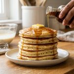 A photorealistic image of perfectly stacked, golden-brown pancakes, glistening with melting butter and rich maple syrup cascading down their fluffy, airy texture and crisp edges. A clean hand gently reaches into the warm, soft morning light, towards the pancakes. In the soft-focused background, a pristine kitchen counter holds a glass bowl of pancake batter and a silver whisk.