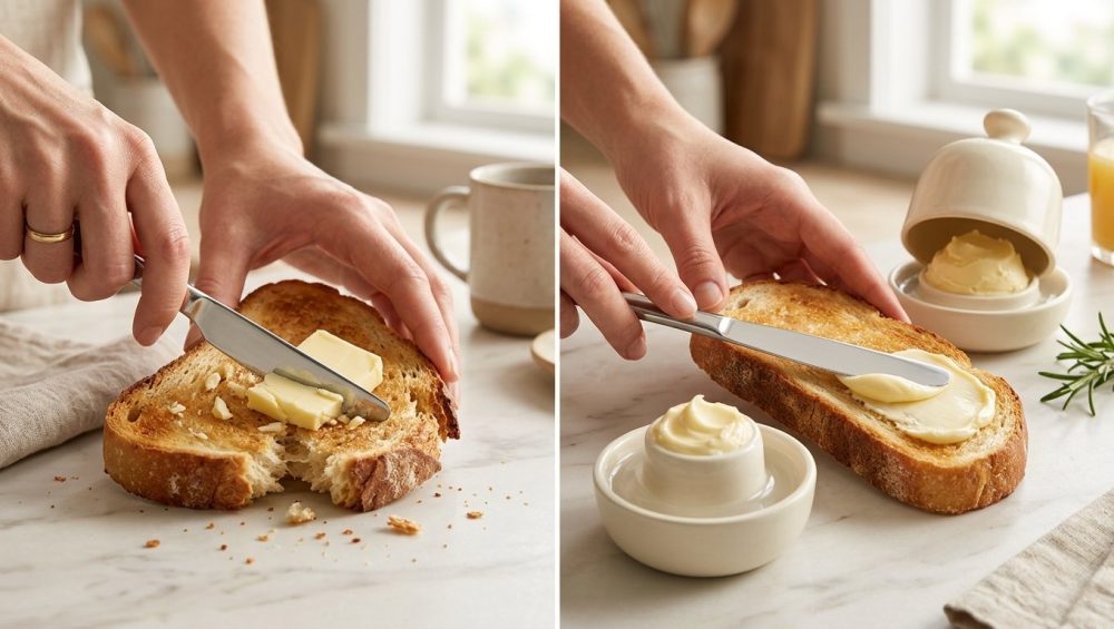 A photorealistic diptych. On the left, a hand struggles to spread cold, hard butter, tearing golden toast with a knife. On the right, a relaxed hand effortlessly spreads soft butter from an open white ceramic butter bell onto intact toast.