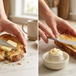 A photorealistic diptych. On the left, a hand struggles to spread cold, hard butter, tearing golden toast with a knife. On the right, a relaxed hand effortlessly spreads soft butter from an open white ceramic butter bell onto intact toast.