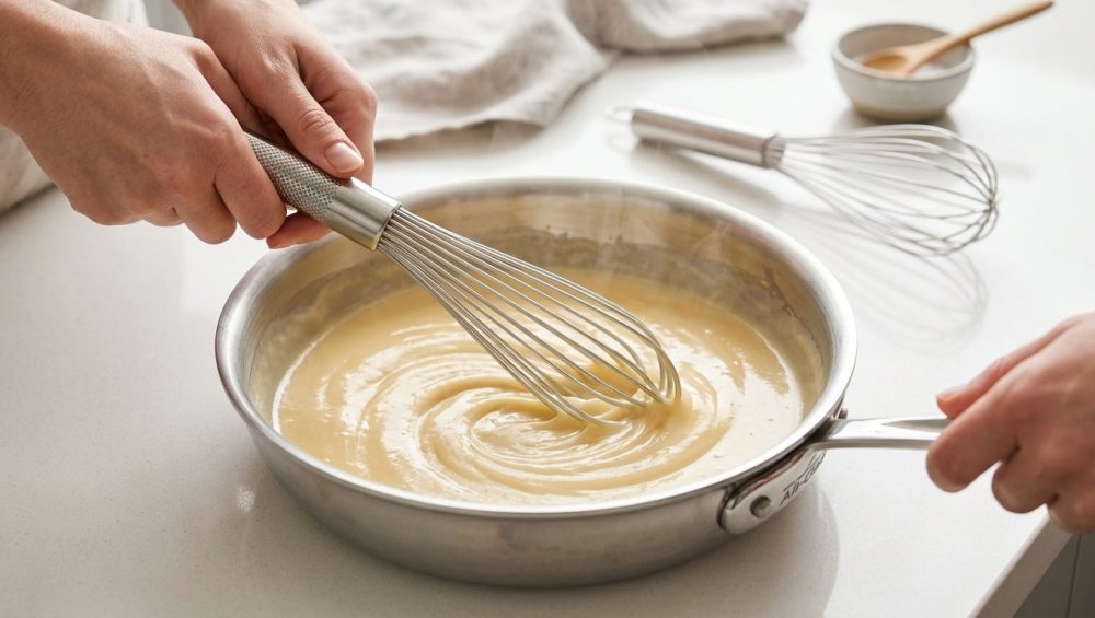 A close-up shows clean hands expertly sweeping a perfectly smooth, creamy béchamel sauce in a polished stainless steel saucepan using a flat roux whisk. Subtle steam rises from the brightly lit, lump-free sauce. In the blurred background, a traditional balloon whisk on a clean counter highlights the flat whisk's efficient design for pan edges.