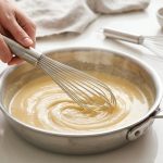 A close-up shows clean hands expertly sweeping a perfectly smooth, creamy béchamel sauce in a polished stainless steel saucepan using a flat roux whisk. Subtle steam rises from the brightly lit, lump-free sauce. In the blurred background, a traditional balloon whisk on a clean counter highlights the flat whisk's efficient design for pan edges.