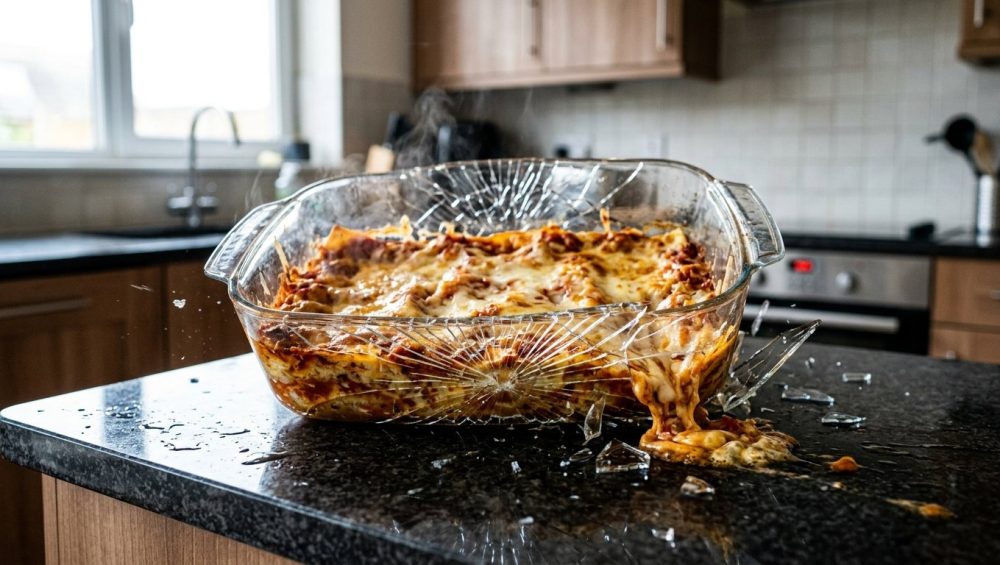 A steaming, golden-brown baked dish in a clear glass casserole is dramatically shattering on a sleek, dark kitchen counter. An intricate spiderweb of cracks radiates across the glass, with sharp shards forming and some hot food beginning to spill. The ultra-photorealistic image highlights the sudden thermal shock.