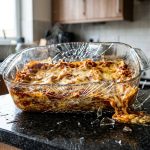 A steaming, golden-brown baked dish in a clear glass casserole is dramatically shattering on a sleek, dark kitchen counter. An intricate spiderweb of cracks radiates across the glass, with sharp shards forming and some hot food beginning to spill. The ultra-photorealistic image highlights the sudden thermal shock.