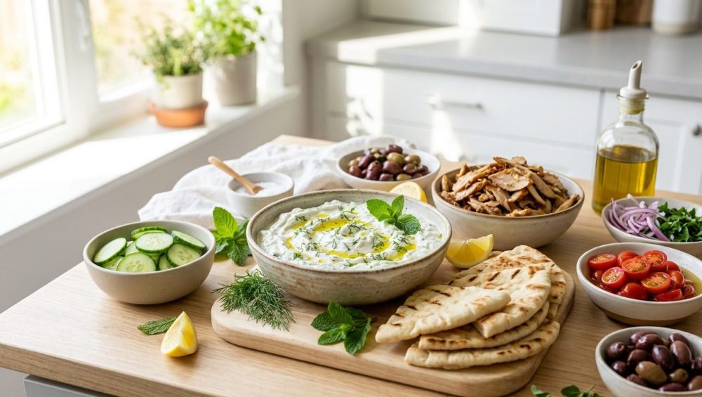 A photorealistic image of a vibrant Mediterranean gyro spread. A rustic bowl of creamy tzatziki, garnished with dill and olive oil, is central. Around it are small bowls with shaved lamb or chicken, glistening cucumber slices, halved cherry tomatoes, and red onion. Toasted pita triangles are arranged on a light board, with fresh mint and dill sprigs throughout. The abundant spread is presented on a clean kitchen counter under bright natural light, creating a fresh and elegant scene.