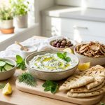A photorealistic image of a vibrant Mediterranean gyro spread. A rustic bowl of creamy tzatziki, garnished with dill and olive oil, is central. Around it are small bowls with shaved lamb or chicken, glistening cucumber slices, halved cherry tomatoes, and red onion. Toasted pita triangles are arranged on a light board, with fresh mint and dill sprigs throughout. The abundant spread is presented on a clean kitchen counter under bright natural light, creating a fresh and elegant scene.