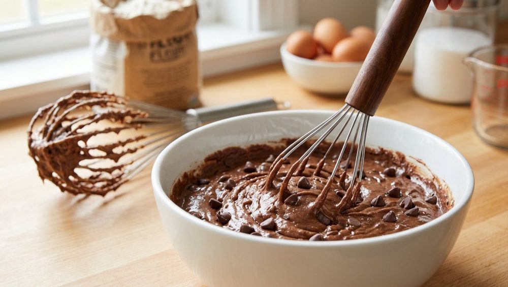 A photorealistic close-up shows a clean Danish dough whisk smoothly mixing thick chocolate chip muffin batter in a white ceramic bowl, with chocolate chips evenly distributed. In the softly blurred background, a traditional balloon whisk is heavily caked with sticky batter, highlighting the contrast. The scene is set on a bright, clean kitchen counter with natural light.