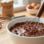A photorealistic close-up shows a clean Danish dough whisk smoothly mixing thick chocolate chip muffin batter in a white ceramic bowl, with chocolate chips evenly distributed. In the softly blurred background, a traditional balloon whisk is heavily caked with sticky batter, highlighting the contrast. The scene is set on a bright, clean kitchen counter with natural light.