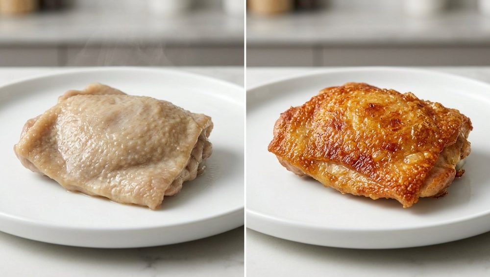 A photorealistic close-up, side-by-side comparison of two pieces of poultry skin on clean white plates. The left piece is dull, pale, and rubbery, lacking crispness. The right piece is deep golden-brown, perfectly crisp, and visibly textured with tiny blisters.