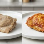 A photorealistic close-up, side-by-side comparison of two pieces of poultry skin on clean white plates. The left piece is dull, pale, and rubbery, lacking crispness. The right piece is deep golden-brown, perfectly crisp, and visibly textured with tiny blisters.