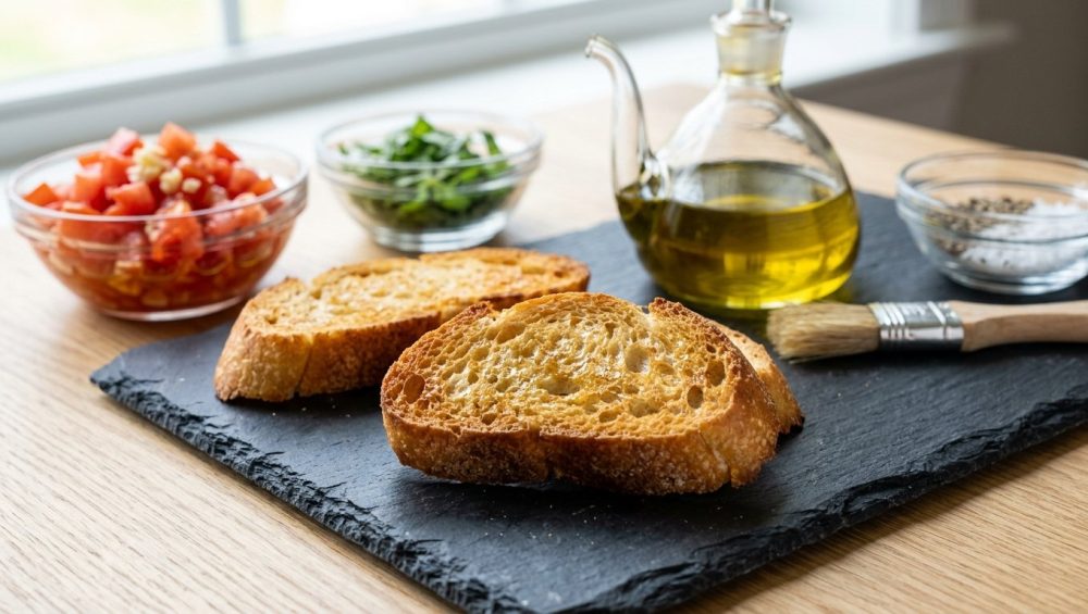 A perfectly toasted golden crostini in sharp focus, alongside more toasted baguette slices on a minimalist platter, an olive oil cruet, and a pastry brush. The blurred background shows bowls of fresh diced tomatoes and green basil, hinting at a DIY bruschetta station. Bathed in bright natural light.