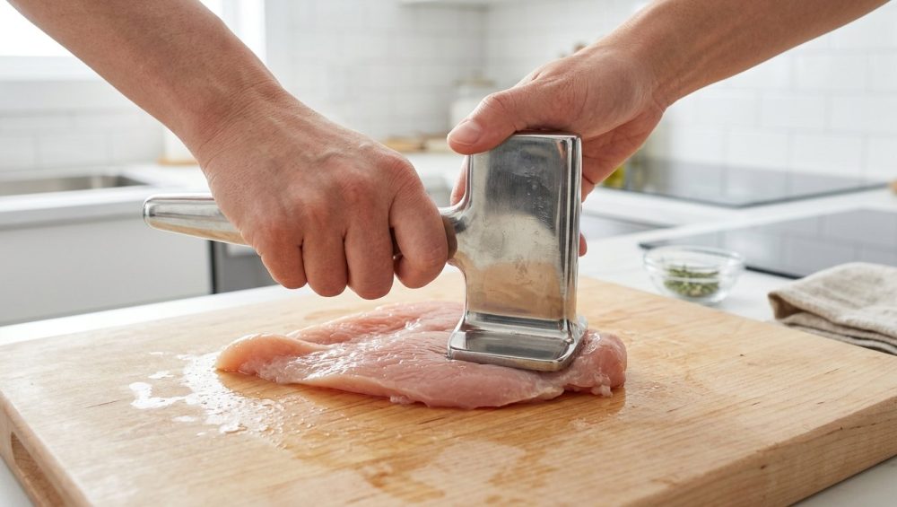Close-up of clean hands using a flat, polished stainless steel meat pounder to evenly flatten a raw chicken breast on a light wooden cutting board. A subtly blurred, clean modern kitchen is in the background.