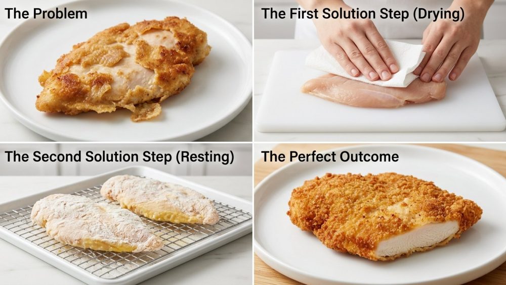 A photorealistic series of four images demonstrating the science of perfect chicken breading, showing a fried cutlet with peeling breading, raw chicken being patted dry, coated chicken resting, and finally, a perfectly fried cutlet with flawlessly adhered, crispy breading.