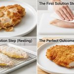 A photorealistic series of four images demonstrating the science of perfect chicken breading, showing a fried cutlet with peeling breading, raw chicken being patted dry, coated chicken resting, and finally, a perfectly fried cutlet with flawlessly adhered, crispy breading.