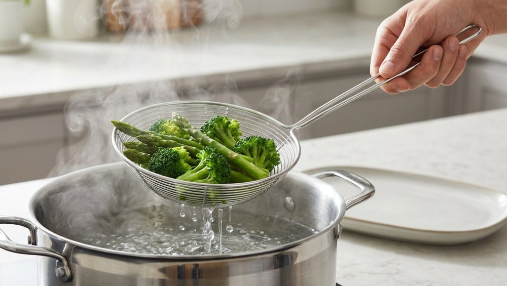A gender-neutral hand expertly scoops vibrant green blanched broccoli and asparagus from a steaming pot of boiling water using a wire spider skimmer, with water cleanly draining. A blurred modern kitchen counter is in the background.