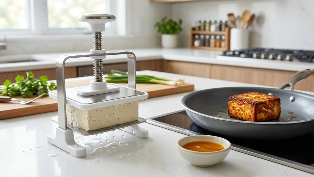 A photorealistic close-up shows a sleek tofu press actively expelling water from a block of firm tofu onto a clean counter. Beside it, a perfectly seared, golden-brown tofu cube rests in a spotless frying pan next to a vibrant amber marinade, illustrating the optimal preparation for crispy tofu in a modern kitchen.