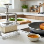 A photorealistic close-up shows a sleek tofu press actively expelling water from a block of firm tofu onto a clean counter. Beside it, a perfectly seared, golden-brown tofu cube rests in a spotless frying pan next to a vibrant amber marinade, illustrating the optimal preparation for crispy tofu in a modern kitchen.