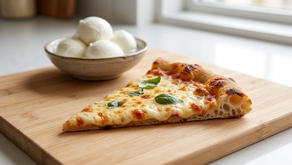 A photorealistic close-up of a perfectly baked pizza slice with a golden-brown crust, melted, blistered mozzarella, and fresh basil, on a light wooden cutting board. In the soft-focus background, a bowl of fresh mozzarella balls sits in warm natural light.