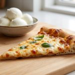A photorealistic close-up of a perfectly baked pizza slice with a golden-brown crust, melted, blistered mozzarella, and fresh basil, on a light wooden cutting board. In the soft-focus background, a bowl of fresh mozzarella balls sits in warm natural light.